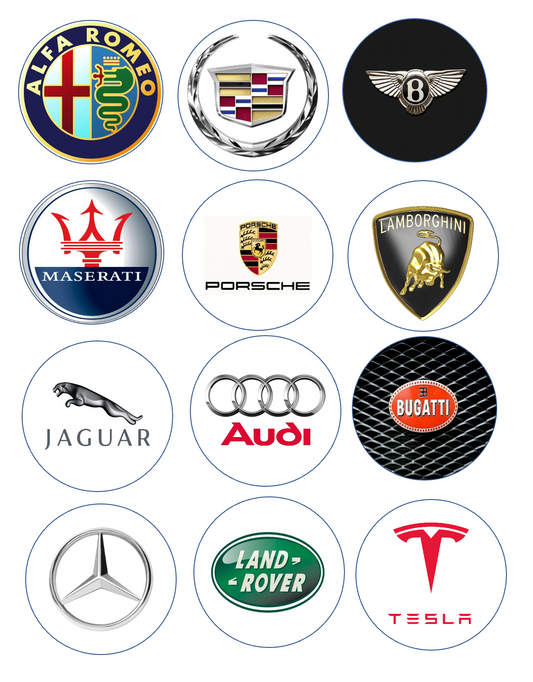 Set of 12 edible images for desserts, drink toppers, pre cut, many sizes available- luxury car logos