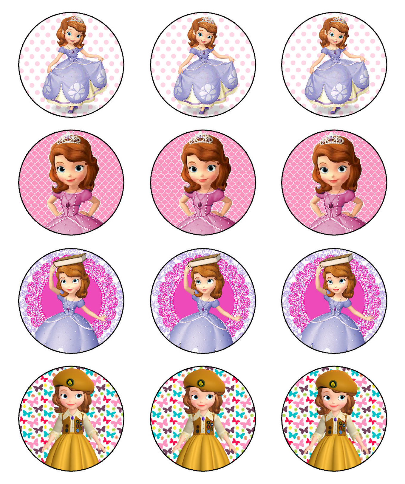 Set of 12 pre cut edible images for desserts, drink toppers, choose your size- Sofia the First