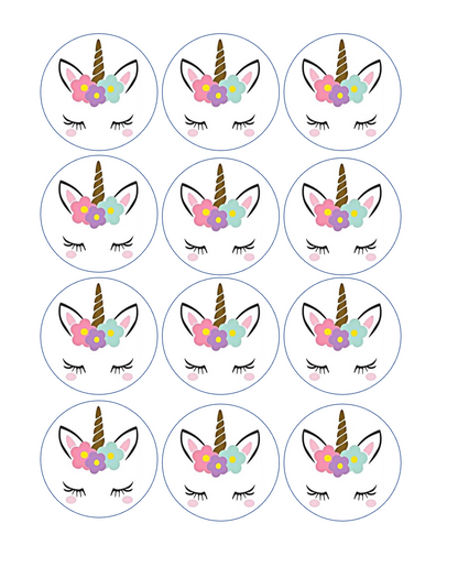 Set of 12 pre cut edible images for desserts, drink toppers, choose your size- Unicorn with flower crown