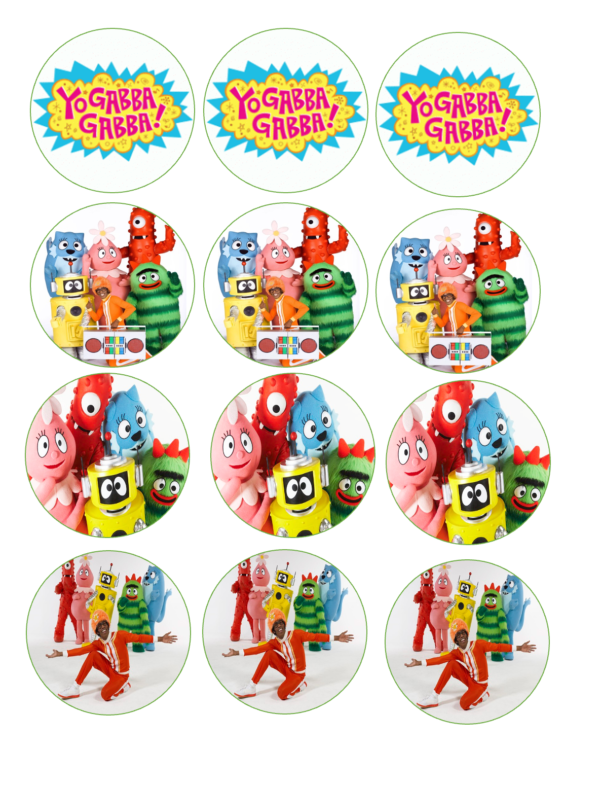 Set of 12 pre cut edible images for desserts, drink toppers, choose your size- Yo gabba gabba