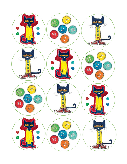 Set of 12 pre cut edible images for desserts, drink toppers, choose your size- Pete the Cat "Buttons"