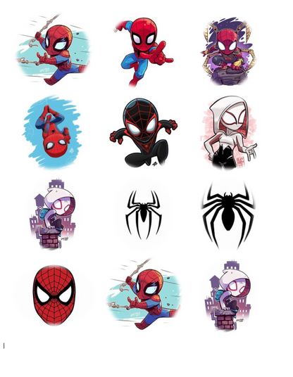 Set of 12 edible images for desserts, drink toppers, pre cut, many sizes available- spiderman