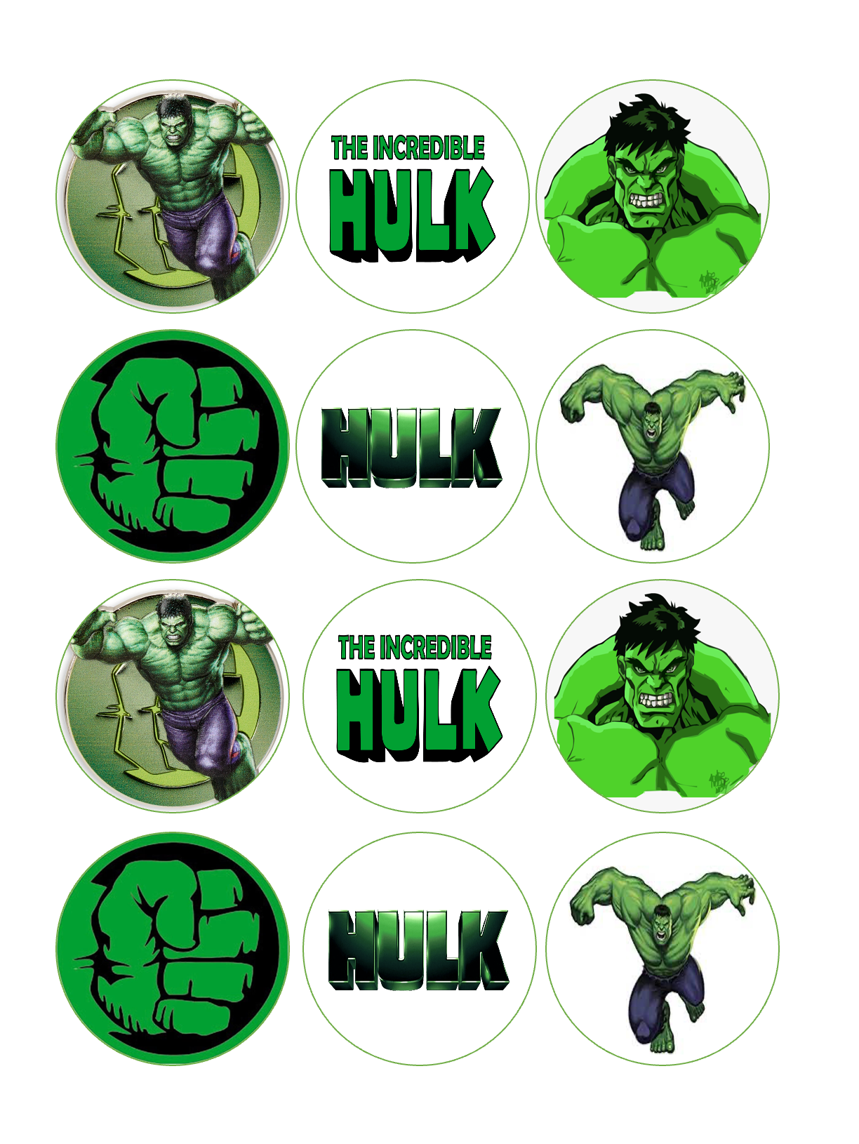 Set of 12 edible images for desserts, drink toppers, pre cut, many sizes available- The Hulk