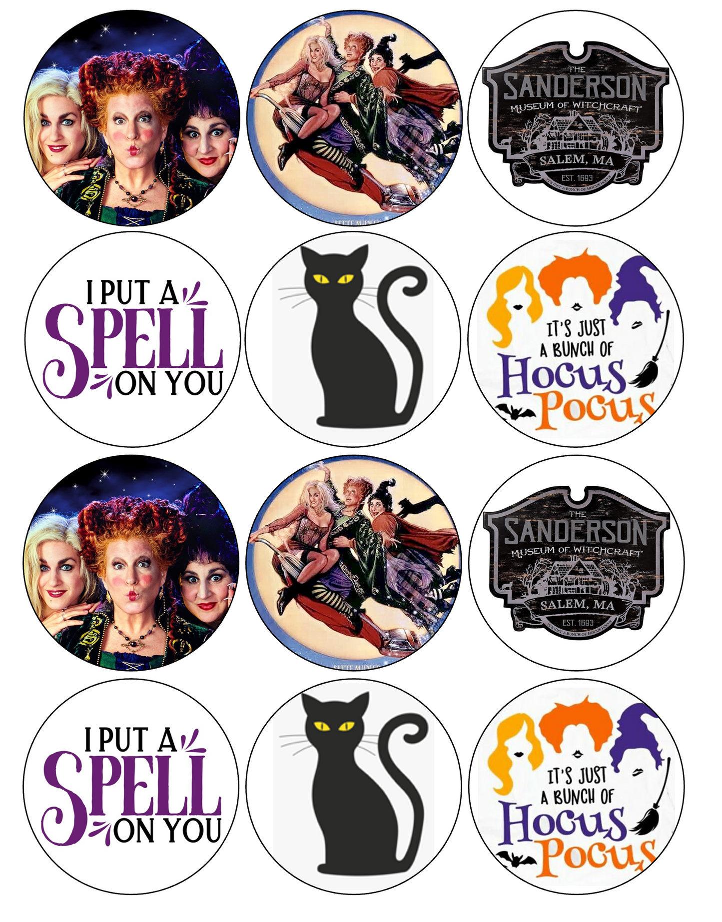 Set of 12 edible images for desserts, drink toppers, pre cut, many sizes available- Hocus Pocus