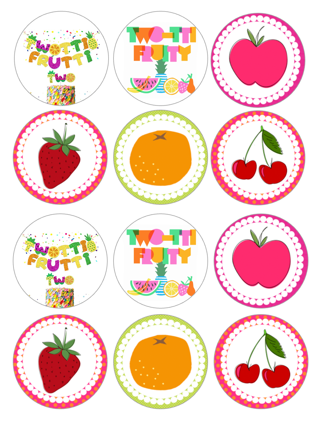 Set of 12 edible images for desserts, drink toppers, pre cut, many sizes available- Twotti Frutti, 2nd Birthday