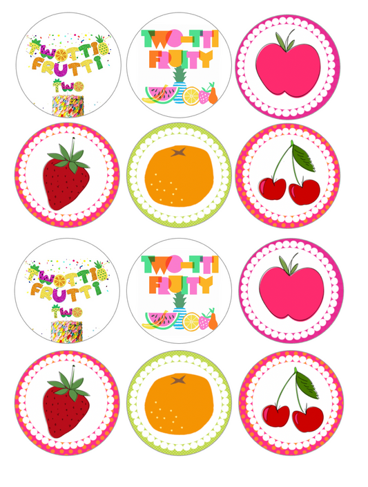 Set of 12 edible images for desserts, drink toppers, pre cut, many sizes available- Twotti Frutti, 2nd Birthday