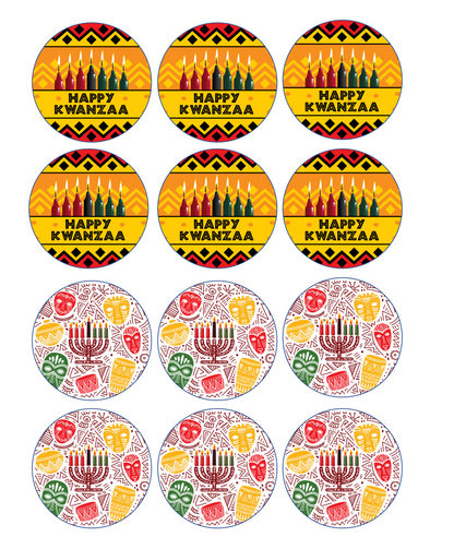 Set of 12 edible images for desserts, drink toppers, pre cut, many sizes available- Happy Kwanzaa