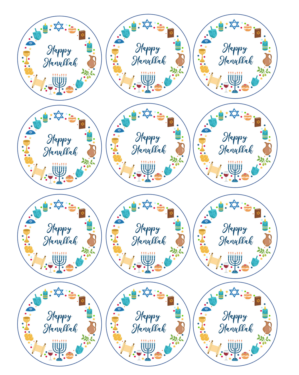 Set of 12 edible images for desserts, drink toppers, pre cut, many sizes available- Happy Hanukkah