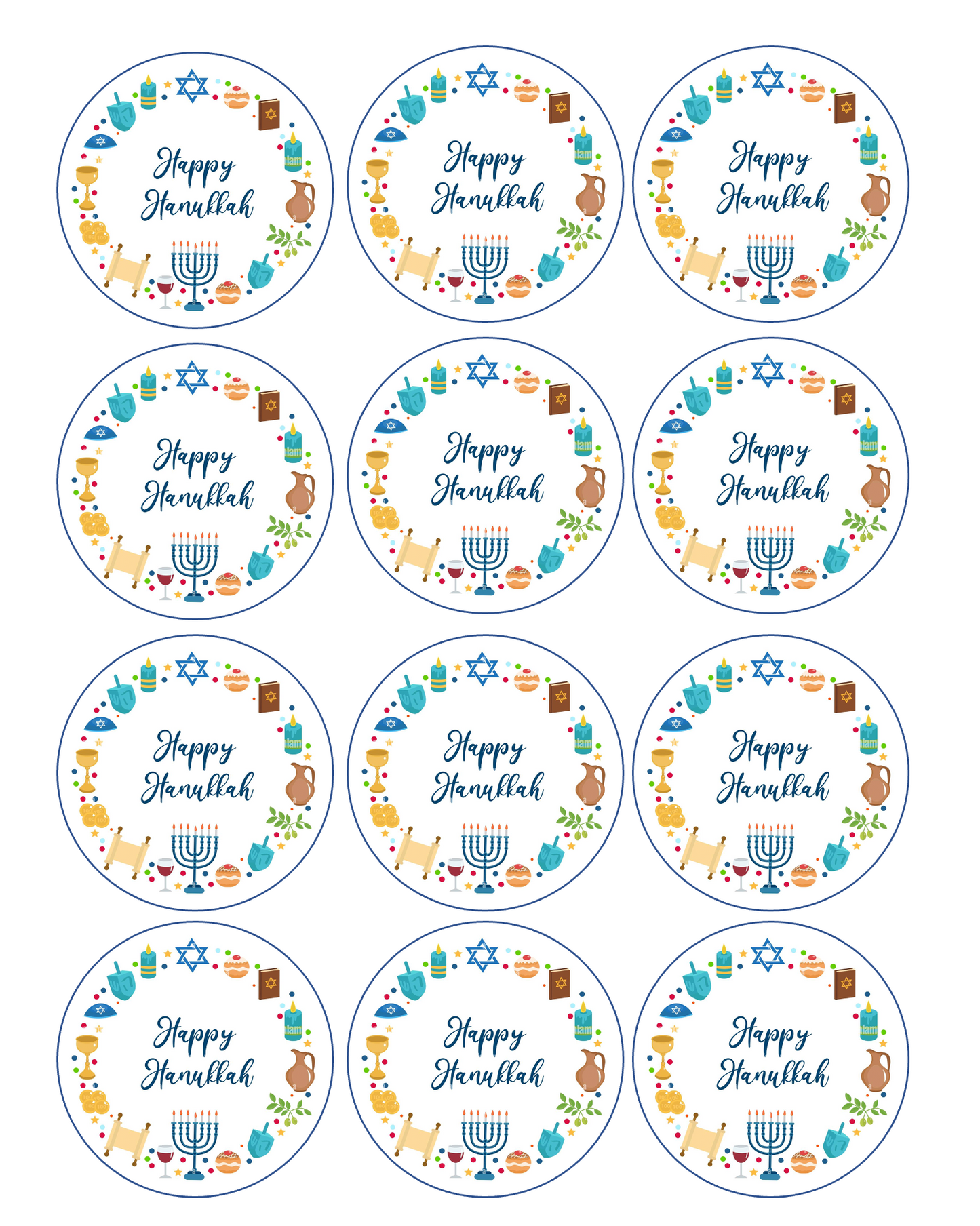 Set of 12 edible images for desserts, drink toppers, pre cut, many sizes available- Happy Hanukkah