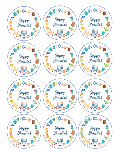 Set of 12 edible images for desserts, drink toppers, pre cut, many sizes available- Happy Hanukkah