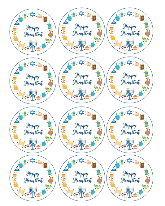 Set of 12 edible images for desserts, drink toppers, pre cut, many sizes available- Happy Hanukkah