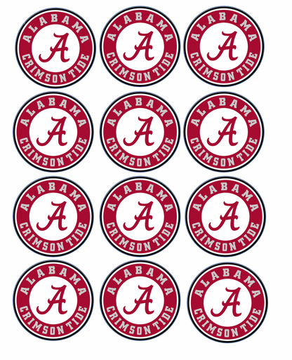 Set of 12 pre cut edible images for desserts, drink toppers, choose your size- Alabama Crimson Tide football