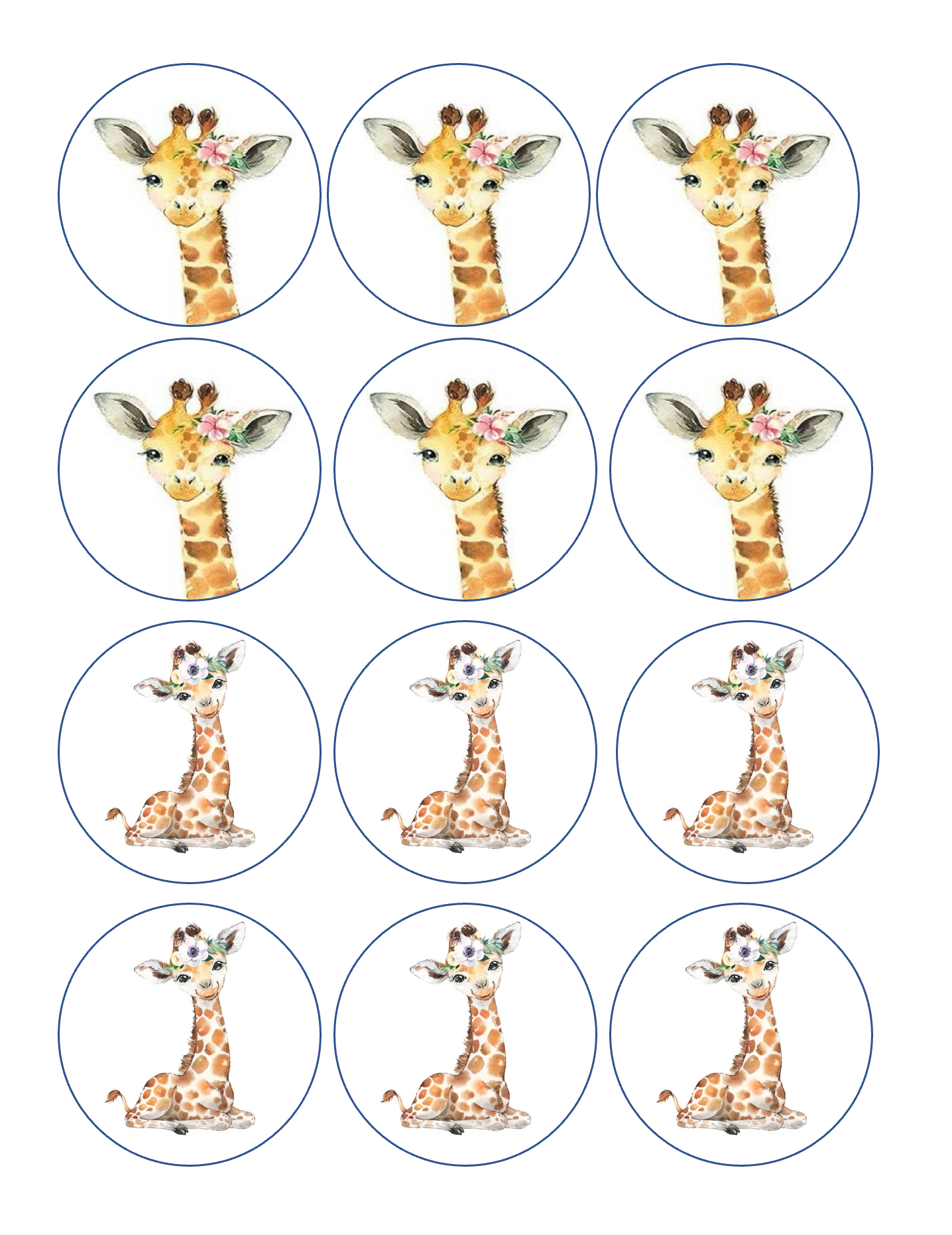 Set of 12 edible images for desserts, drink toppers, pre cut, many sizes available-baby giraffe, baby shower