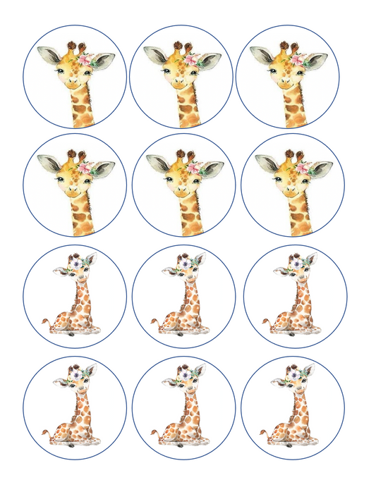 Set of 12 edible images for desserts, drink toppers, pre cut, many sizes available-baby giraffe, baby shower