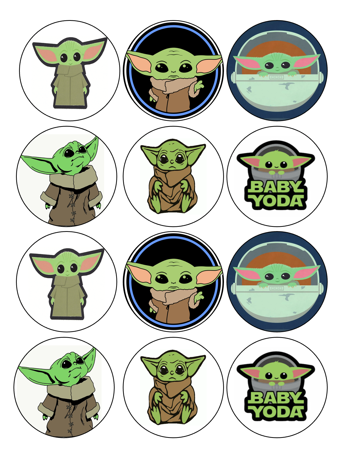 Set of 12 edible images for desserts, drink toppers, pre cut, many sizes available- baby yoda