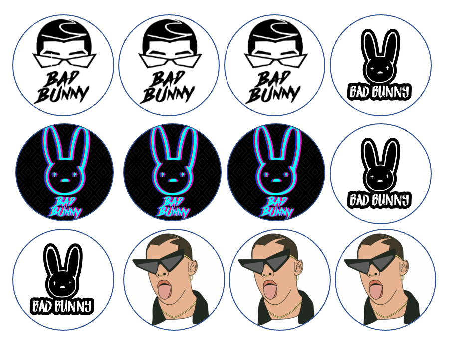 Set of 12 edible images for desserts, drink toppers, pre cut, many sizes available- bad bunny