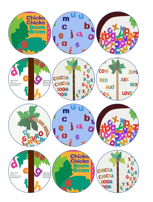 Set of 12 pre cut edible images for desserts, drink toppers, choose your size- chicka chicka boom boom